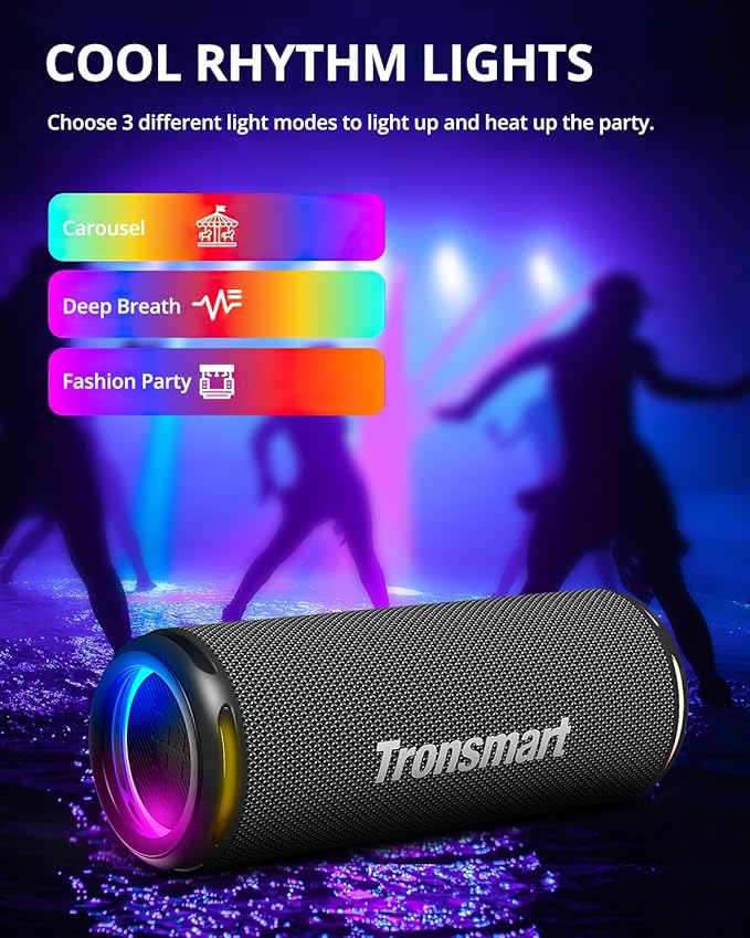 Tronsmart T7 Lite 24W Portable Bluetooth Speaker, Enhanced Bass, Rainbow Light Show, 24H Playtime, IPX7 Waterproof, Wireless Stereo Pairing, Bluetooth 5.3, for Home Outdoor Travel (Black)