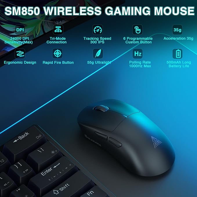 SOLAKAKA SM850 Wireless Gaming Mouse, 24000 DPI, 55g Lightweight Mouse Gaming, 6 Programmable Buttons, Ergonomic Computer Mouse, Tri-Mode BT5.1/2.4G/USB-C 250h Battery Life PC Gamer Mice for Laptop