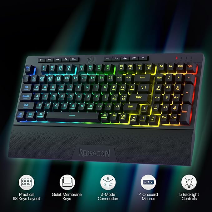 Redragon K515 PRO Shiva RGB Wireless Membrane Gaming Keyboard, 98 Keys Mechanical-Feel Keyboard w/Smooth Linear Switch, On-Board Macro & Multimedia Keys, Detachable Wrist Rest, Software Supported
