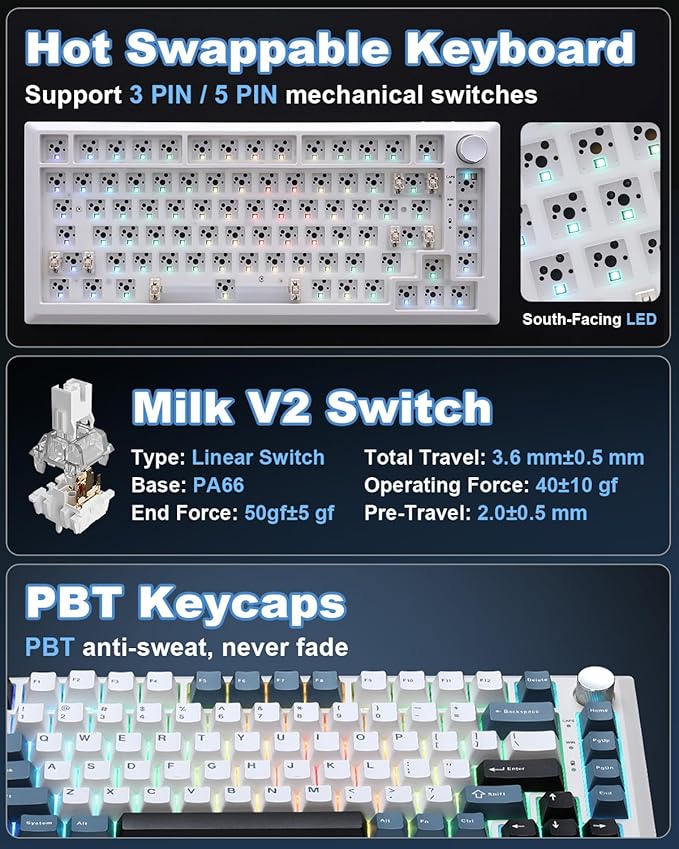 Y75 Wireless Mechanical Keyboard,75% Hot Swappable Custom Keyboard with Knob,RGB Backlit, PBT Keycaps,2.4GHz/USB-C/BT5.0 Mechanical Gaming Keyboards(White&Blue,Milk Switch)
