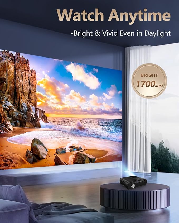 1700ANSI Daytime Projector 4K HDR Home Theater, Smart Daylight Movie Gaming TV Projectors with WiFi 6, Bluetooth, NETFLIX, Apps, ToF Auto Focus, Shorter Throw, HDMI ARC,for Bedroom Indoor Bright Room