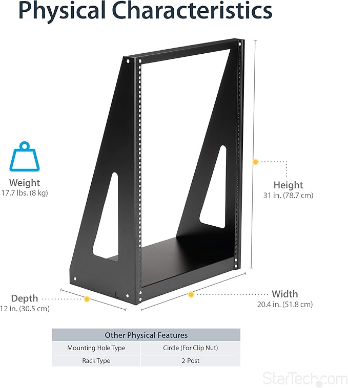 StarTech.com 2-Post 16U Heavy-Duty Desktop Server Rack, Small Open Frame 19in Computer Rack, Compact Network Rack for AV / Studio / Data / IT Equipment, Two-Post Home/Office Rack, TAA (2POSTRACK16)