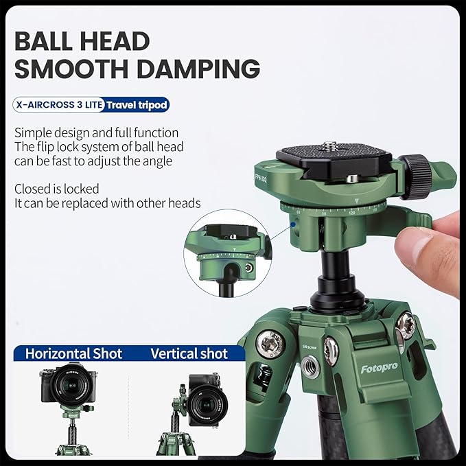 Fotopro Carbon Fiber Tripod 51 Inch 360 Degree Ball Head Quick Release Plate Lightweight Camera Tripod for Travel Tripod Folded Height Only 13.9",Max Loads up to 17.6lbs,Green