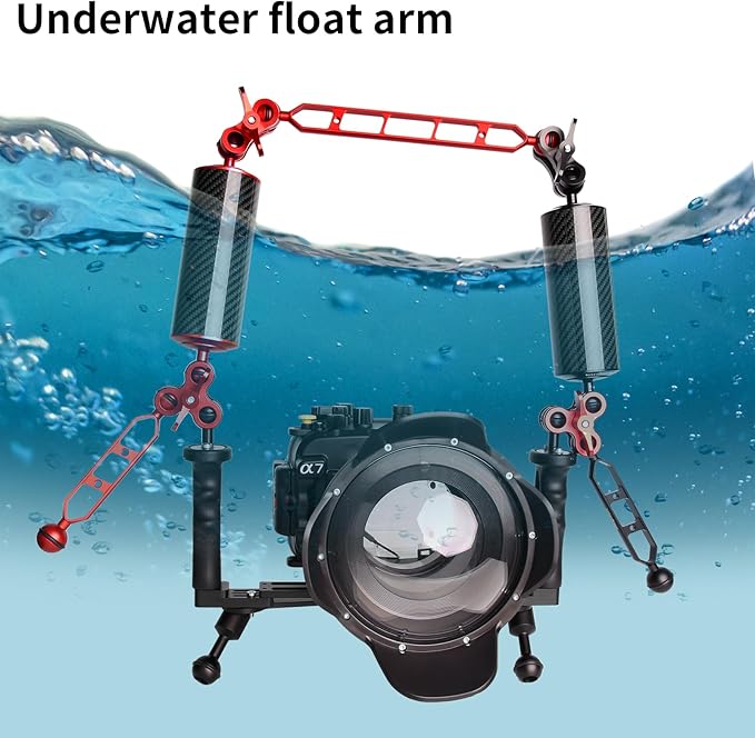 Black 10" Carbon Fiber Underwater Float Arm (2-Pack) - Ultralight Dual 1" Ball Buoyancy System for Diving Tray Video Lights & Strobes