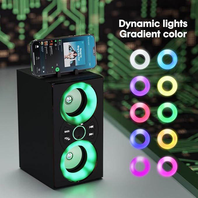 Portable Bluetooth Speaker with TWS, Lights, Remote Control and Phone Holder,Multiple Inputs for Music Playback,20W Wireless Subwoofer, TF Card Slot, USB Port, AUX Input, Type C Cable