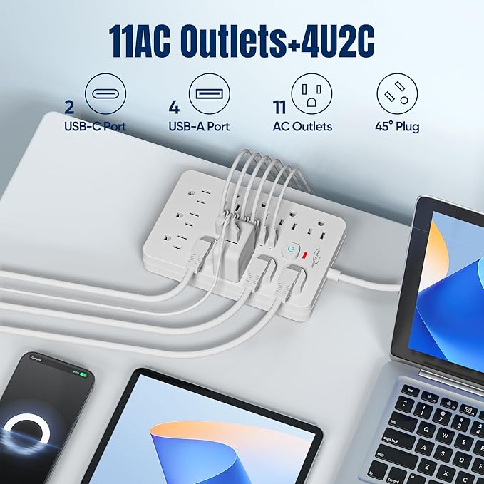2 Pack 6 FT Flat Plug Surge Protector Power Strip,11 Multiple AC Outlets with 6 USB Ports (2 USB C), 6 Feet Extension Cord, 1250W/10A, One Touch Switch Button, 17 in 1 Compact powerstrip