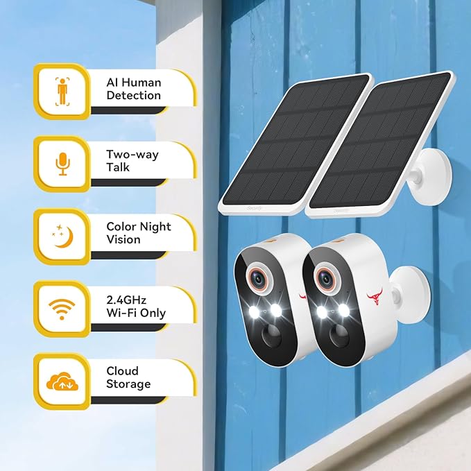 1080p Wireless Security Camera with Solar Panel, 2.4GHz Wi-Fi, Color Night Vision, Home Security System, PIR Motion Detection, 2-Way Talk, Outdoor Surveillance Bullet Cam (2 Pack)
