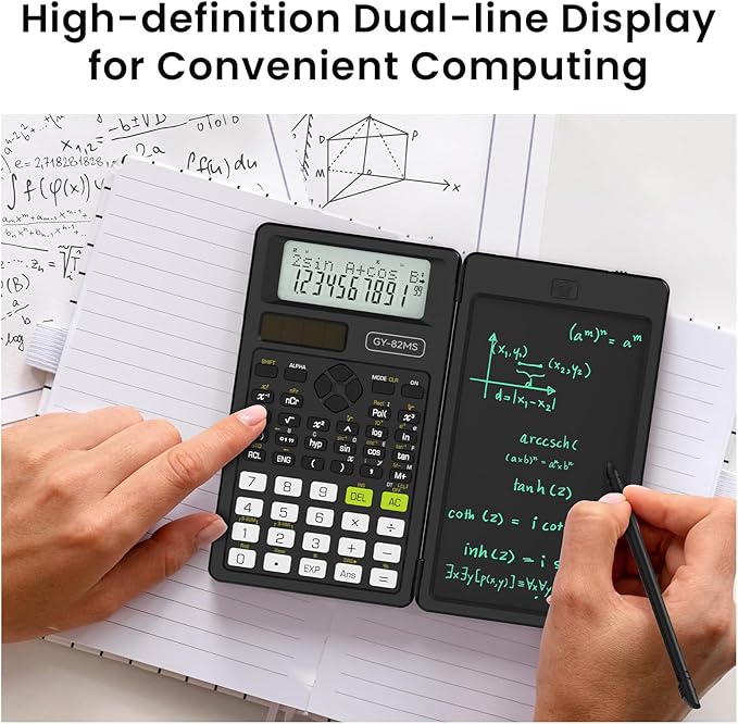 Scientific Calculators for School with Notepad, ROATEE Middle and High School Supplies for Student, 82 MS Foldable 2-Line Display Science Calculator with Writing Tablet, Solar and Battery Power Black