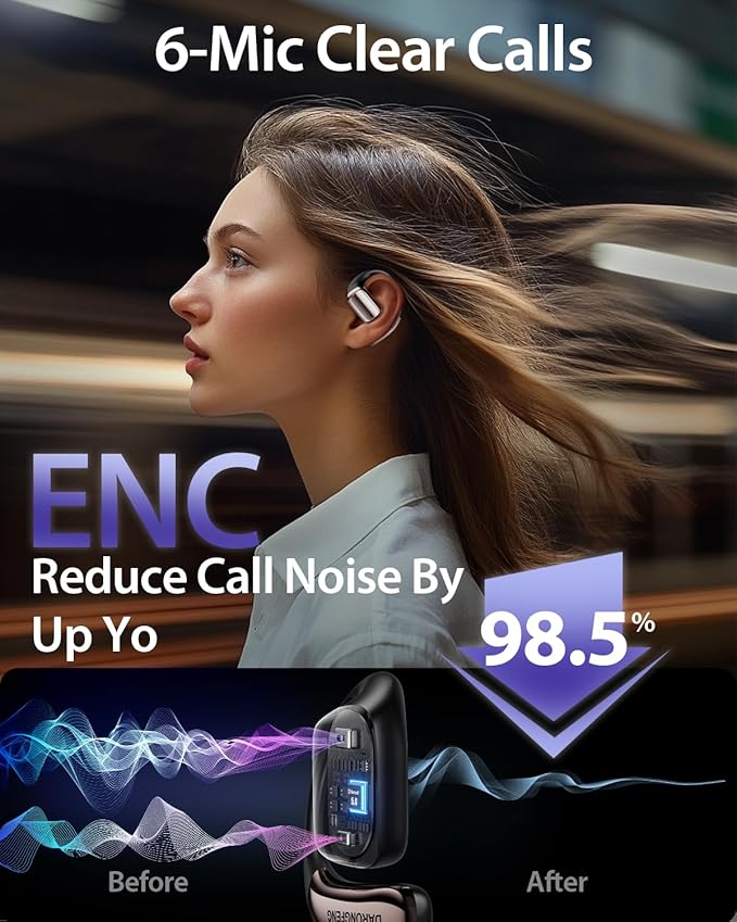 Open Ear Wireless Bluetooth Headphones, Pain-Free Air Conduction Ear Buds with LED Digital Display Charging Case, Sweat Resistant for Running, Safe Driving, and Extended Daily Use