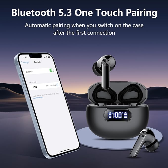 Wireless Earbuds, Bluetooth Earbuds with Bass Stereo Sound, Bluetooth 5.3 Headphones with LED Power Display 48Hours Playtime ENC Noise Cancelling Mic, in Ear Ear Buds IP7 Waterproof for Android iOS