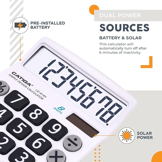 CATIGA Desktop Calculator 8 Digit with Solar Power and Easy to Read LCD Display, Big Buttons, for Home, Office, School, Class and Business, 4 Function Small Basic Calculators for Desk, CD-8185