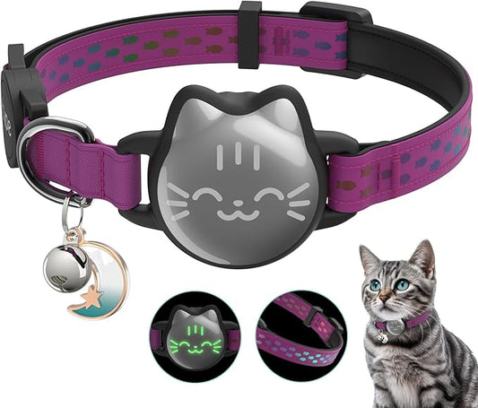 Waterproof Airtag Cat Collar, Breakaway Cat Airtag Collar with Luminous & Reflective Pattern Strap, Lightweight Kitten Collars for Apple Air tag, Hidden Holder for GPS Tracker - Cats, Kittens (9-13")