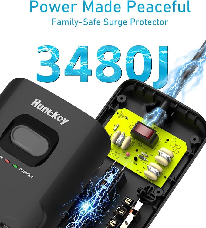 Surge Protector Power Strip (3480J), Huntkey 12 Outlets with 2 USB A Ports and 20W USB C Power Delivery Charging, 6ft Flat Plug, Heavy-Duty Extension Cord for Home, Office, Dorm Essential, ETL Listed