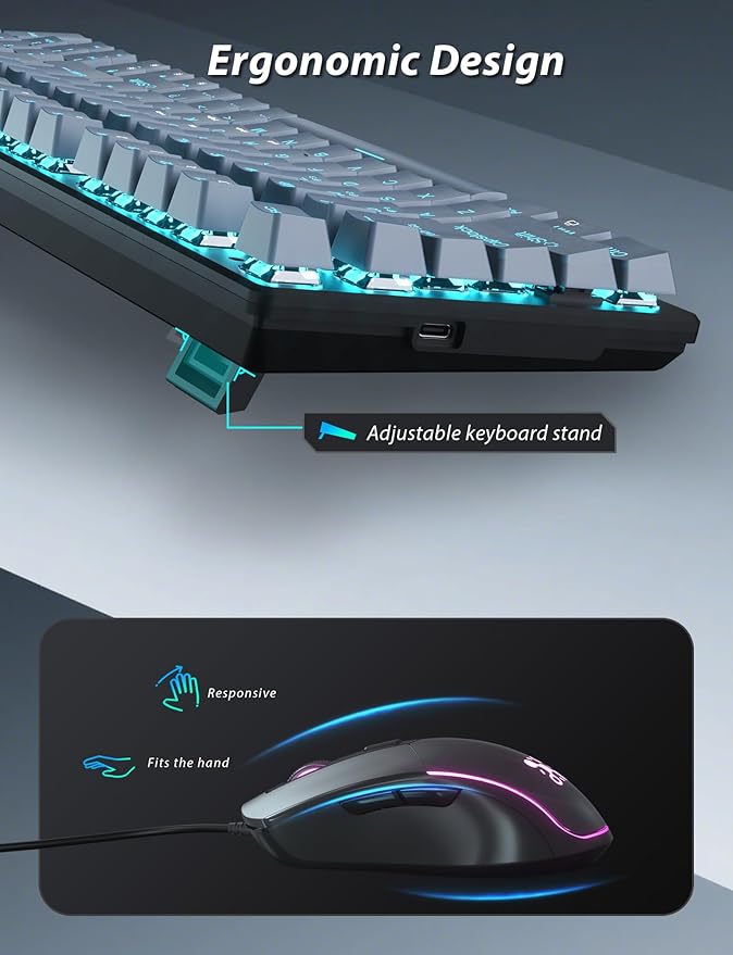 Mechanical Gaming Keyboard and Mouse, LED Backlit 98-Key Floating Keycap & 4 DPI RGB Gaming Mouse with Mouse Pad, Full Anti-Ghost Light Up Wired Computer Keyboards for MAC PC Gamer Accessories, Gray