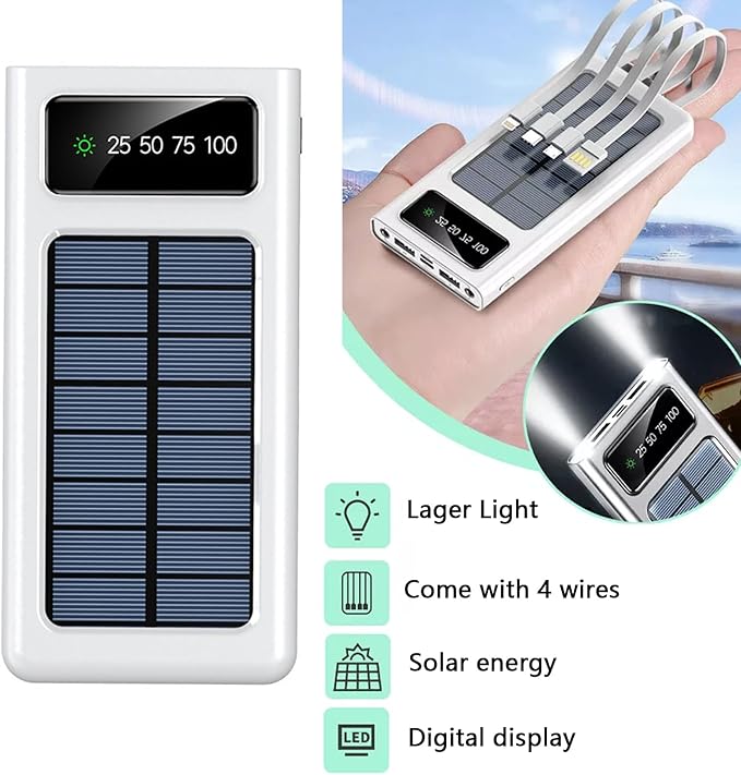 Power-Bank - 20000mAh Portable Charger,Solar Power Bank,Camping External Backup Battery Pack,Fast Solar Panel Charger with Dual Flashlight and 4 USB Cables (White)