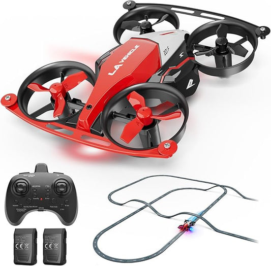 Drones for Kids 8-12, Mini Indoor Drone with 24 Piece Track Set, 2 in 1 RC Quadcopter & Flying Car Toys for Age 10-14 Boys with Jump Fly, Land Mode, Railcar Race,360 Flips,2 Batteries,Altitude Hold