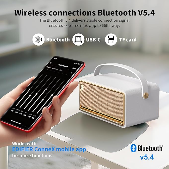 Edifier Retro Wood Bluetooth Speaker, Wireless Portable Speakers with 40W Hi-Res Audio, Stereo Pairing ConneX App, USB and TF Card Ivory