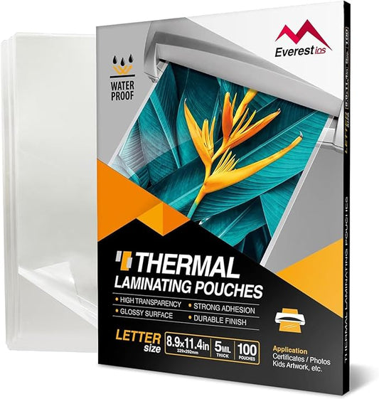 Everest Thermal Laminating Sheets, 8.9 x 11.4 Inches, 5 Mil Thick, 100 Pack, Non-Toxic Material and Adhesive, Letter Size Laminated Pouches for Documents, Clear (TH0500-02)