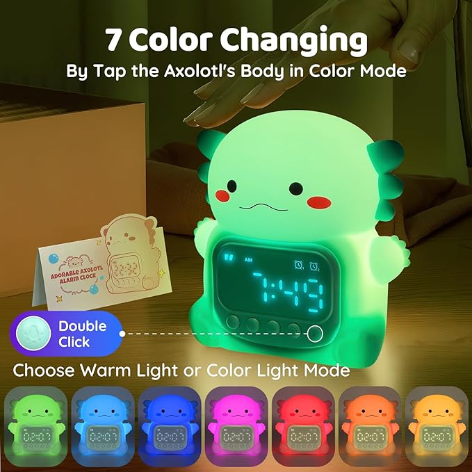 Axolotl Alarm Clock with Night Light for Kids, Rechargeable Silicone Lamp Time to Wake Clock Cute Animal Tabletop Lamp, Perfect Sleep Companion for Boys Girls, Green