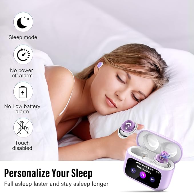 Sleep Earbuds Bluetooth 5.4 Smart Touch Screen in Ear Ear Buds, 48H Mini Sleep Headphones Small Design for Side Sleepers, Clear Calls, 5 EQ Modes, IPX7 Waterproof Earphones, Light Purple Earbuds