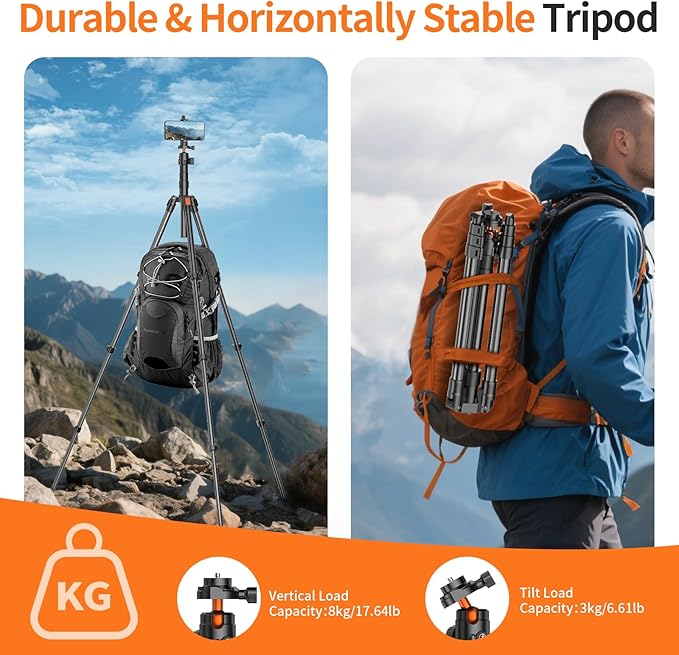 XXZU 71" Camera Tripod, Tripod for Camera Phone with 360°Ball Head and Smartphone Holder, Aluminum DSLR Tripod Stand, Travel for Phone/DSLR/SLR/Projector/Video Recording, Max Load 8kg/17.64lb