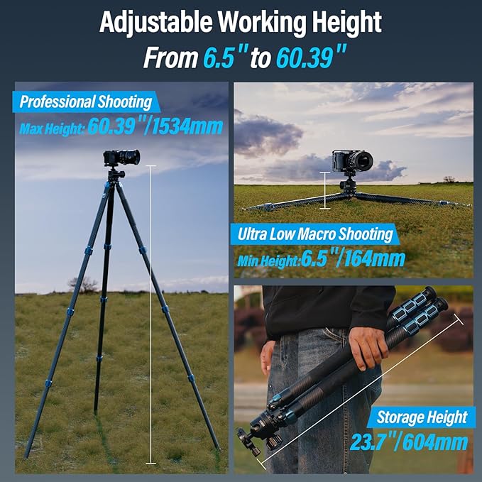 SIRUI AM-324 Professional Camera Tripod with AM-40 Low Gravity Ball Head, 60.4” Carbon Fiber Heavy Duty Tripod for Mirrorless Camera, DSLR, 4 Sections, 32mm Max Tube, Max Load 39.8lb/18kg