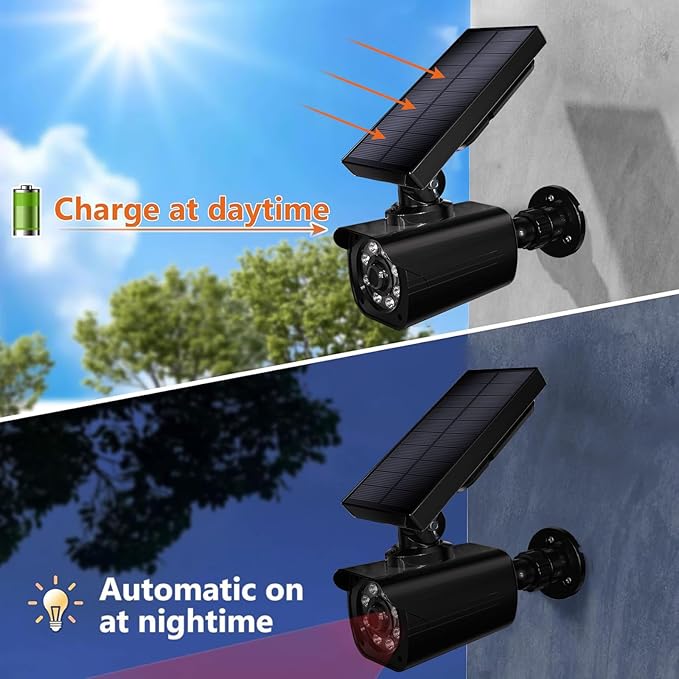 WALI Dummy Fake Camera, Security Camera with Motion Sensor Light, Simulated Surveillance Security CCTV Dome Camera Indoor Outdoor (TCB2-SOL), 2 Packs, Black-Solar