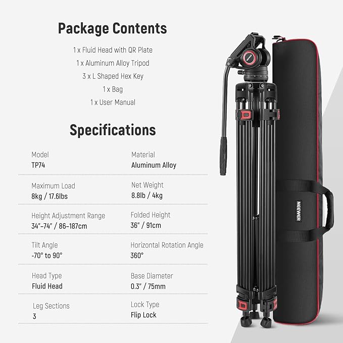 NEEWER 74" Video Tripod with Fluid Head, QR Plate , Aluminum Heavy Duty Camera Tripod Professional for DSLR Cameras Camcorders, Max Load 17.6lb/8kg, TP74
