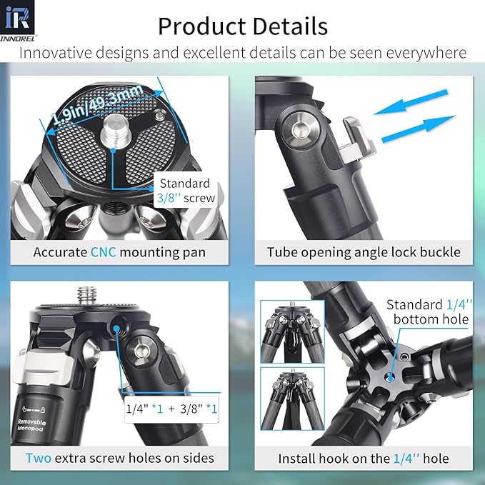 INNOREL KT254CF Carbon Fiber Tripod Professional Portable Compact Travel Tripod for Digital DSLR Camera Stand Support with Adjustable Center Column 1.01in/25.6mm Tube Max Load 33lbs/15kg