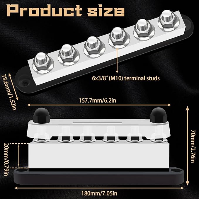 650A 12V-48V Bus Bar Marine Power Distribution Block with Cover with 6 x 3/8”Post,Battery Bus Bar (Pair,Red & Black),Automotive Busbars 12 Volt for Car Boat Solar Wiring