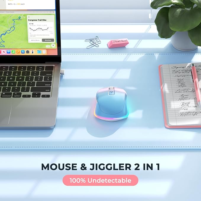 Wireless Mouse Jiggler - LED Wireless Mice with Build-in Mouse Mover, Rechargeable Moving Mouse for Laptop with Undetectable Random Movement Keeps Computers Awake - Blue to Pink
