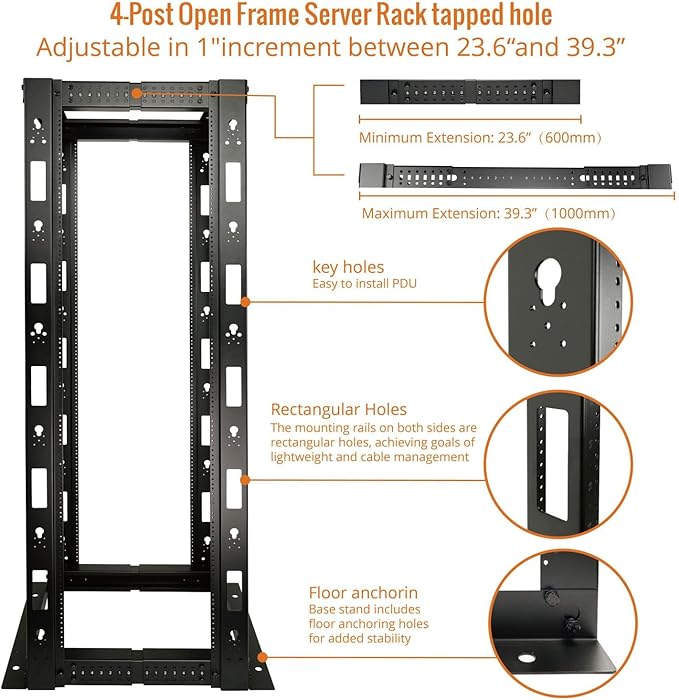 Tecmojo 38U 4-Post Open Frame Server Rack, Adjustable Depth 23.6 inch-39.3 inch – 19" Network, Server, AV, Data & IT Equipment, Telecom & Patch Panel Mount, 3450 lbs Capacity, Black,Tapped Holes