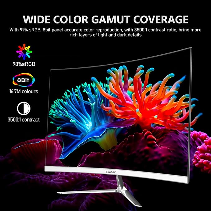 24.5 Inch Gaming Curved Monitor Built-in Speakers, 3000R 120Hz White PC Screen Full HD 1080P, HDMI 2.0, VGA, Wall Mount Compatible 75 * 75mm