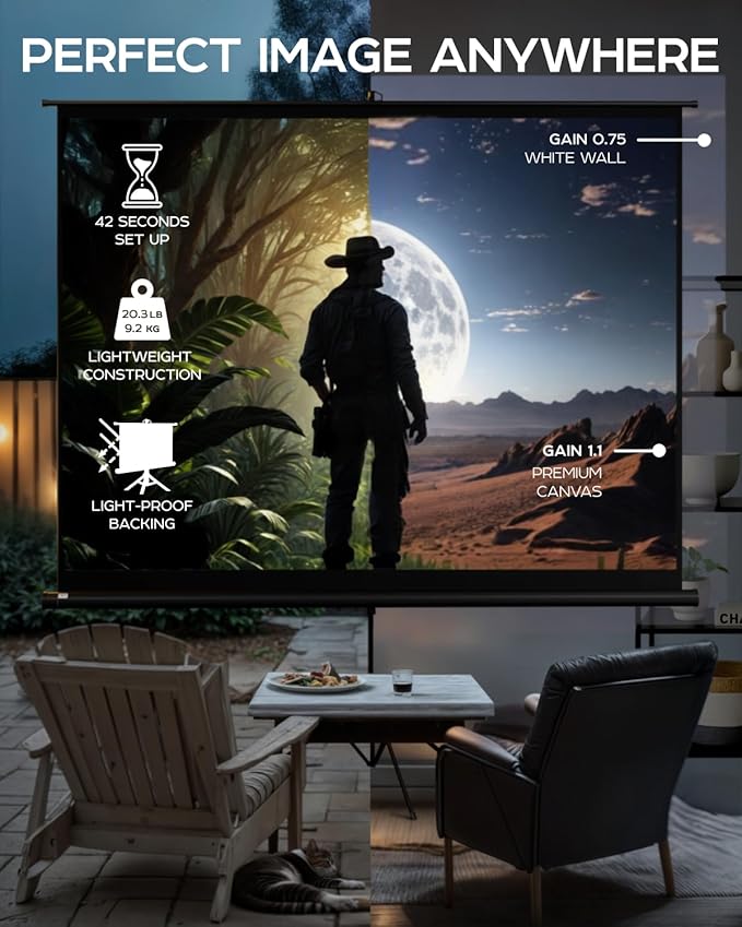 PropVue Projector Screen with Stand 120 inch - Indoor and Outdoor Projection Screen for Movie or Office Presentation - 4:3 HD Premium Wrinkle-Free Tripod Screen