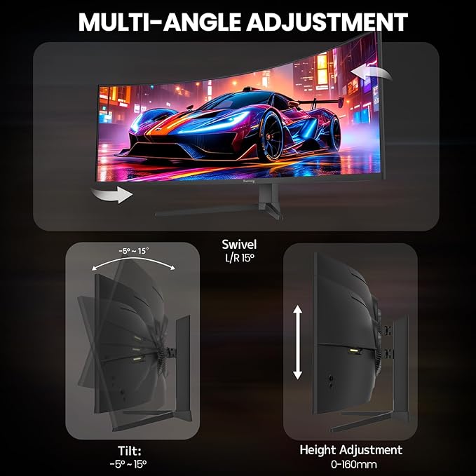 CRUA 49" Curved Gaming Monitor | DQHD(5120 * 1440), 144Hz/165Hz, 1500R, 32:9, AMD FreeSync, 120% sRGB, Height Adjustable Ultra-Wide Screen Monitors, HDMI 2.1 & DP 1.4, Wall Mount Install- Black