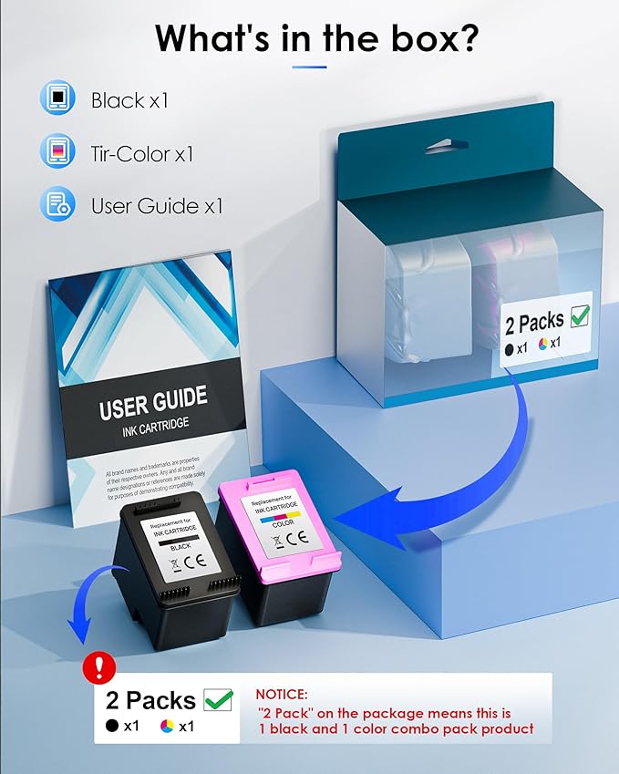 65XL Ink Cartridges Black/Color Combo Pack (3 Pack) Replacement for HP Ink 65 65XL for DeskJet 3755 3772 3700 3752 3722 2600 2622 2652 Envy 5055 5000 5070 5014 5052 Printer (2 Black, 1 Color)
