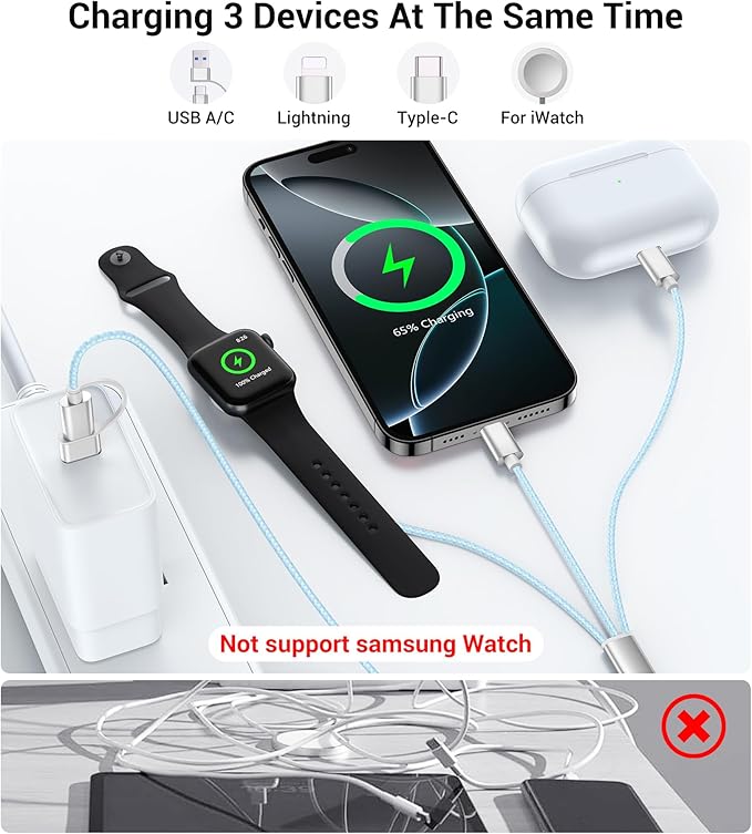 Temdan for Travel Vacation Essentials,3 in 2 USB C Cable for Apple Watch Charger/iPhone 17 Charger/Lightning,Multi Charging Cable Cord,Camping Essentials,Designed for iWatch &iPhone 16-12-5FT Blue