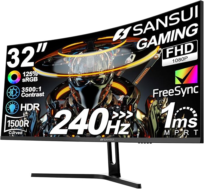 SANSUI 32 Inch Curved 240Hz Gaming Monitor High Refresh Rate, FHD 1080P Gaming PC Monitor HDMI DP1.4, Curved 1500R, 1Ms MPRT, HDR,Metal Stand,VESA Compatible(DP Cable Incl.)