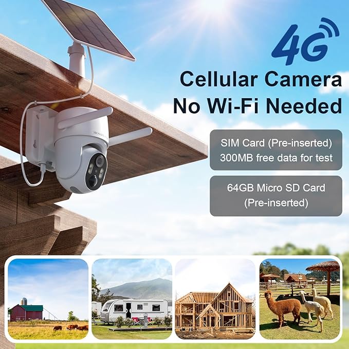 4G LTE Cellular Security Camera No Internet Needed, Solar No wifi Security Camera Outdoor Wireless With SIM Card Jobsite, 2K Color Night Version, 360 Live View, Motion Detection, 2-Way Audio