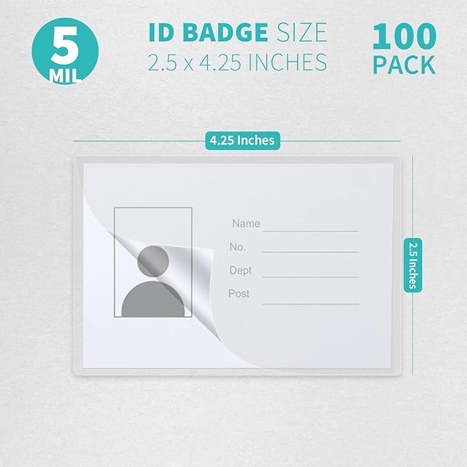 Binditek 100 Pack Thermal Laminating Pouches, 5mil Laminating Sheets, 2.5 x 4.25 Inches, ID Badge Without Clip, Ultra Clear, HeatSeal, Glossy, School Office Supplies