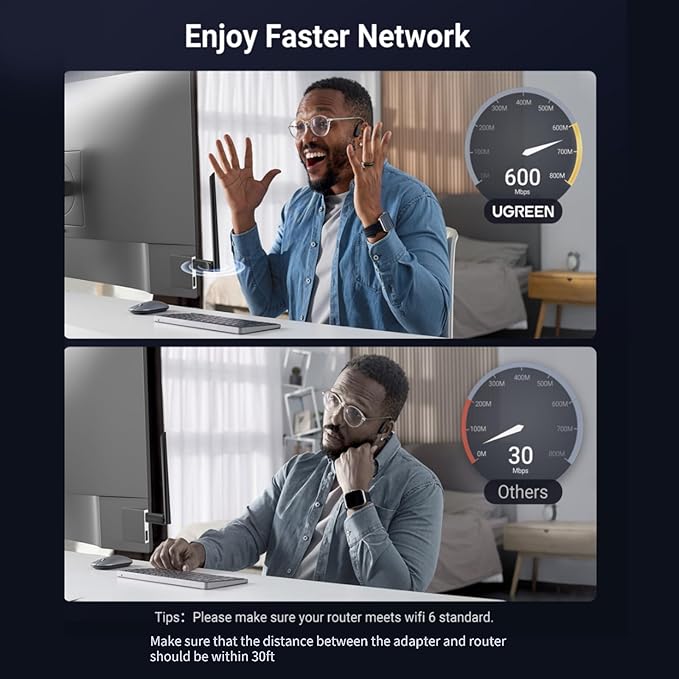 UGREEN WiFi Adapter for Desktop PC, AX900 USB WiFi 6 Adapter with 5GHz/2.4GHz Dual Band, 6dBi High Gain Antenna, Built-in Driver for Win11/10