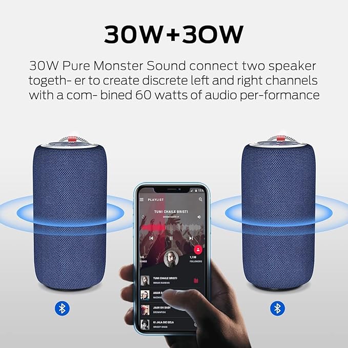 Monster S310 Upgraded Bluetooth Speaker, 30W Portable Speaker True Wireless Stereo Pairing Deliver Dynamic Sound, IPX6 Waterproof, Bluetooth 5.2 Built-in Mic, 24H Playtime, for Party, Outdoor, Blue