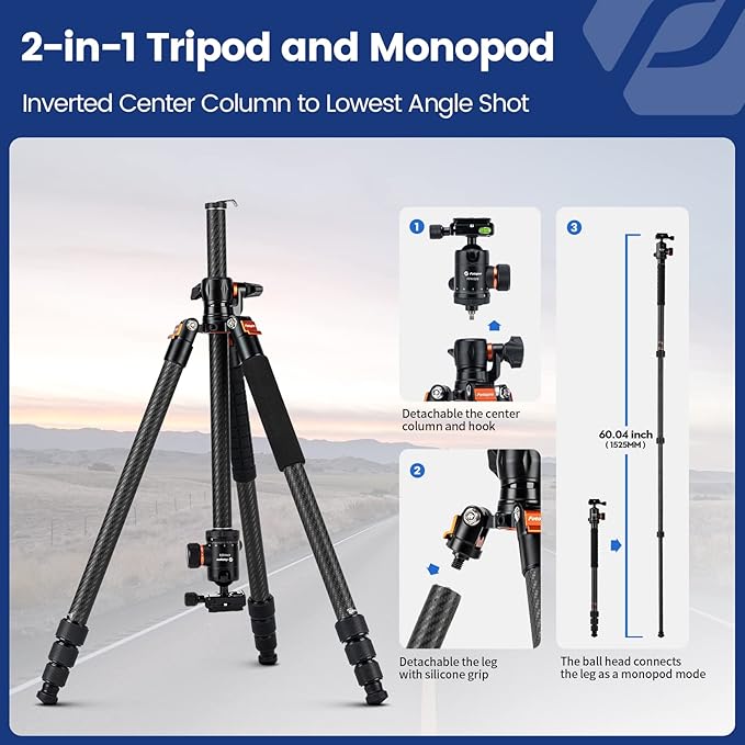 Fotopro Carbon Fiber Horizontal Tripod, 75 Inch Camera Tripod with 360 Degree Ball Head Quick Release Plate for DSLR Video Camcorder, 2-in-1 Tripods Monopod Max Load 22lbs