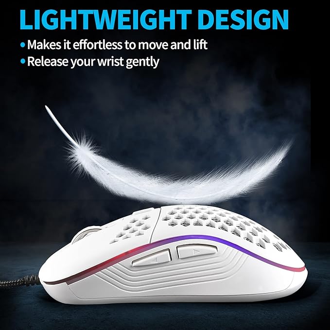 Honeycomb Wired Gaming Mouse with RGB On/Off Switch, 7200 Adjustable DPI, Ergonomic Lightweight Design & High Precision Sensor for PC/Mac Gamers (White)