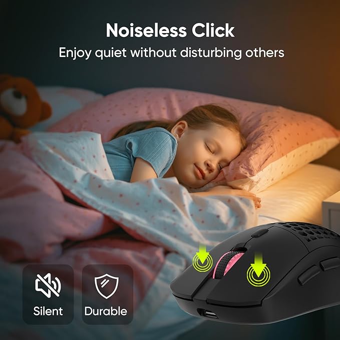 Honeycomb M32 Wireless Gaming Mouse - 2.4GHz RGB Rechargeable Ergo Mouse with Silent Clicks & 3200 DPI for PC/Mac (Black)