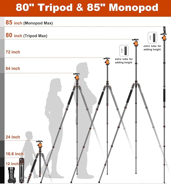 80/85 inches Heavy Duty Tripod for Camera and Phone, 85" Camera Monopod Tripods, DSLR Binoculars Spotting Scope Camcorders Video Tripod Stand, 360 Degree Ball Head, 35 lbs Loads