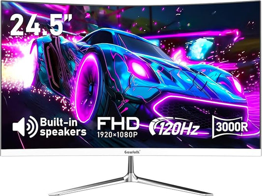 24.5 Inch Gaming Curved Monitor Built-in Speakers, 3000R 120Hz White PC Screen Full HD 1080P, HDMI 2.0, VGA, Wall Mount Compatible 75 * 75mm