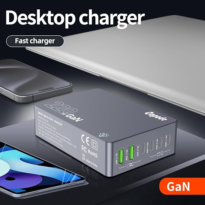 220W USB C Charger Block, 6-Port GaN USB C Charging Station PD 100W PC Laptop Fast Charger Adapter Compatible with iPhone 16, Galaxy 25, MacBook,ipad and More Devices(Gray)