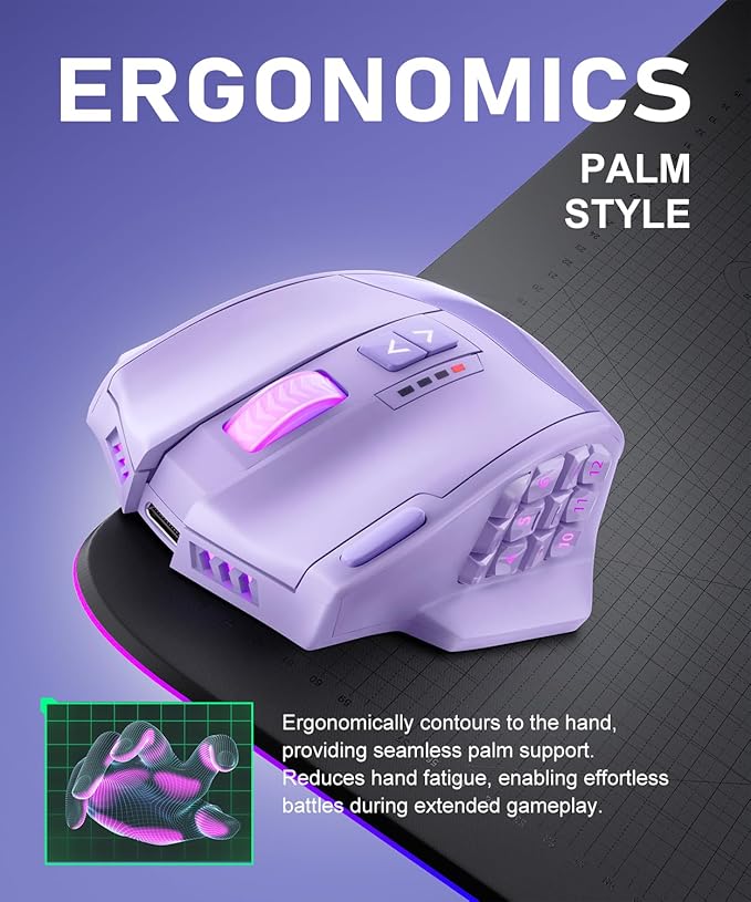 UtechSmart Venus Pro Wireless MMO Gaming Mouse, 16,000 DPI Optical Sensor, Wired/Wireless Dual Modes, 16M Chroma RGB Lighting, 16 Programmable Buttons, Ergonomic Design, Up to 70H, Purple