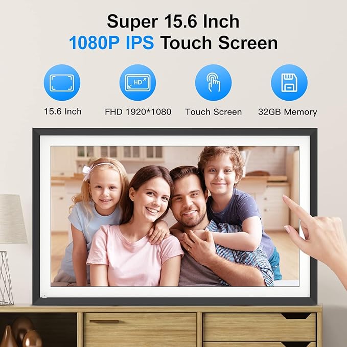 15.6" Large-Digital-Picture-Frame WiFi Photo Frame - 32GB Digital Frames Load from Phone,Full Function, Auto-Rotate, Wall Mounted, Easy Setup to Share Photo Video Via App Email, Gift for Grandparents